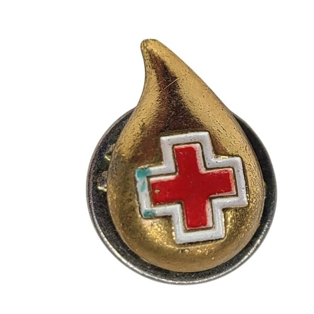 Vintage Ballou Red Cross Blood Drop Donor Lapel Pin  Gold Tone Enamel USA